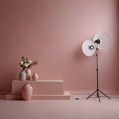 Depicts a professional photography studio setup with a soft pink background. In the foreground, there's a simple, light pink pedestal or display unit on which several pale, pastel-colored vases or cer