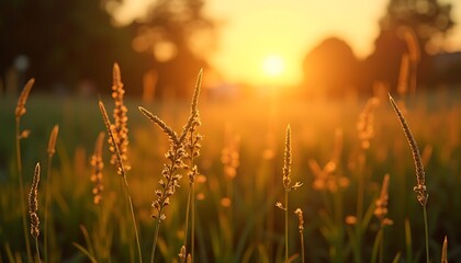 Grass Field at Golden Sunset Hour Glowing with Warm Light