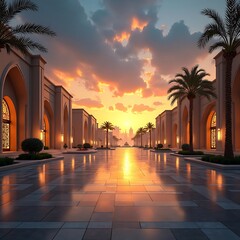 Palm Trees and Arches Glowing in Golden Sunset Light