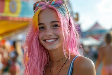 Happy Gen Z lesbian female teenager with cool dyed rainbow pink hair at a summer fairground festival. Smiling gay girl celebrating Pride Parade on a sunny day, Generative AI