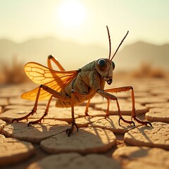 Grasshopper Standing on Cracked Dry Earth in Desert Landscape