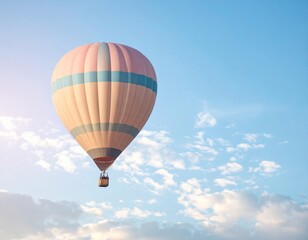 Colorful hot air balloon soaring through a clear blue sky, with soft clouds in the background, creating a serene and uplifting atmosphere for adventure seekers
