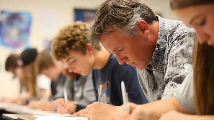 Students of all ages sit at desks in an educational institution and write exams.
