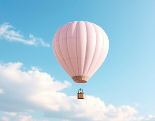 Hot air balloon soaring through a clear blue sky, with fluffy white clouds creating a serene atmosphere, showcasing the beauty of flight and adventure in the open air