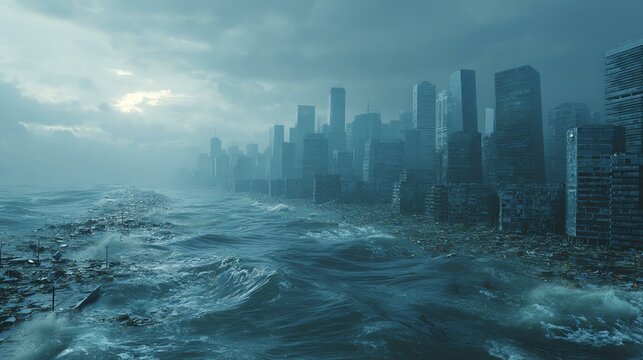 Flooded futuristic cityscape after natural disaster

Apocalyptic city under water flood catastrophe - Powered by Adobe