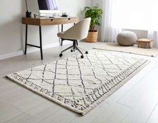 Cozy home office featuring a plush area rug with geometric patterns, a stylish desk with a computer, and a comfortable chair, creating a warm and inviting workspace atmosphere