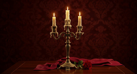 Ornate gold candelabra with three burning candles dripping wax, set on a dark wood table with a red rose and cloth, against a dark red background, symbolizing romance and elegance