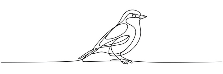 Minimalist single line drawing of a small bird perched on a branch