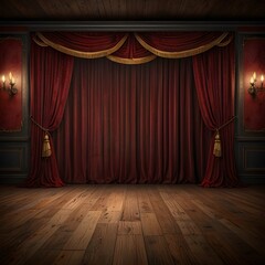 Showcases a grand theater stage with deep red velvet curtains framing the scene. The curtains are drawn mostly open, revealing a wooden floor. The backdrop behind the curtains appears to be a dark wal