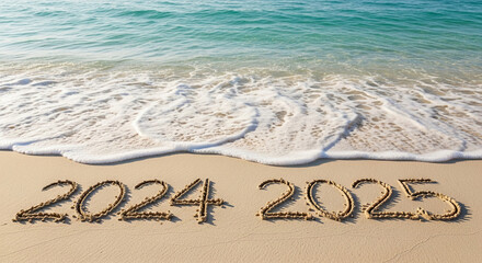 Years 2024 and 2025 written in sand on beach, ocean wave at top, symbolizing time, new year, transition, vacation, and travel