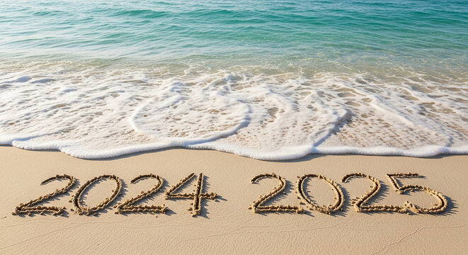 Years 2024 and 2025 written in sand on beach, ocean wave at top, symbolizing time, new year, transition, vacation, and travel