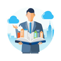 Real Estate Broker Holding Book with City Buildings - Smart City and Cloud Computing