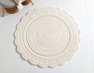 Round white textured rug with intricate scalloped edges placed on a light wooden floor, enhancing the cozy atmosphere of a modern living space