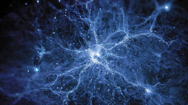A neural stem cell dividing in midnight-blue tissue, resembling celestial star formation.