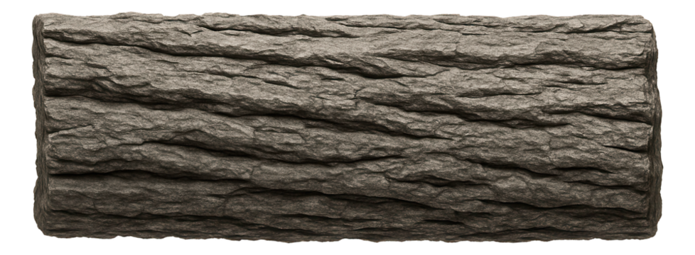 Rectangular piece of bark with deep longitudinal grooves and grayish hue