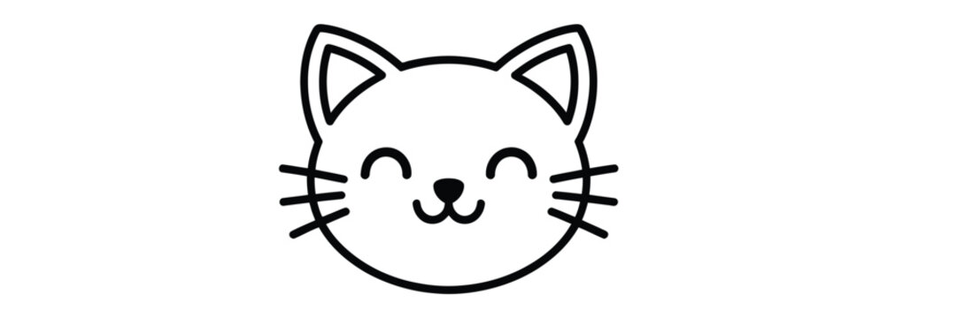 Cute cartoon cat face with closed eyes and whiskers in simple line art style