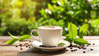 Cup of coffee on wooden table outdoors