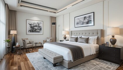 Luxurious hotel bedroom suite with modern art and comfortable seating