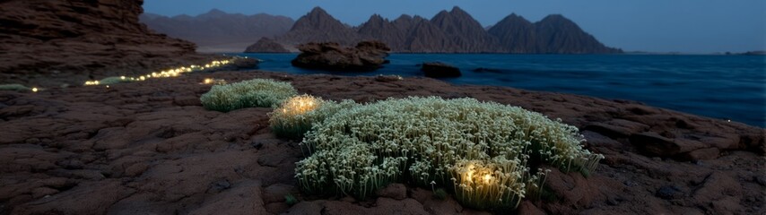 Nighttime 360 degrees hdr panorama of coastal flowers rocky shoreline serene environment