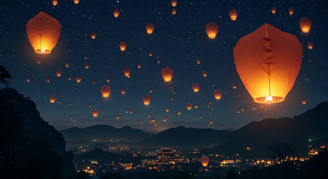 An view of floating sky lanterns drifting into a starry night sky, with a hint of a distant, traditional Chinese village below. The lanterns cast a warm, inviting glow against the cool night
