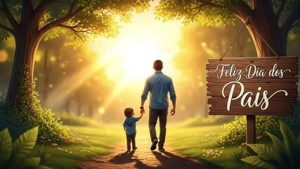 Feliz dia dos pais father and son walking in a sunlit forest capturing a loving bond and happy family memories ideal for heartwarming fathers day themes
