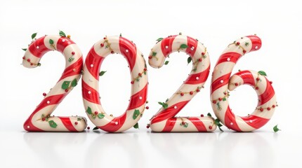 Festive candy cane numbers forming 2026 with holly and berries.