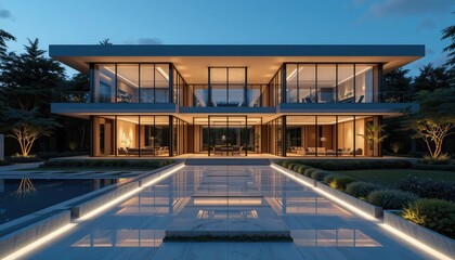 Obraz premium Modern luxury residence with infinity pool and ambient lighting at dusk