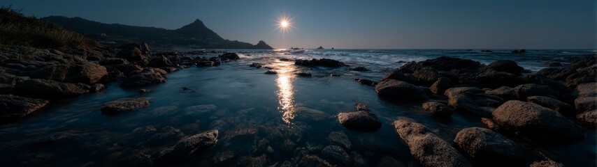 Moonlit coastal panorama 360 degrees hdr seaside landscape night view tranquil setting