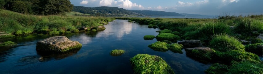 Panoramic hdr 360 degrees view of serene river landscape in nature stunning hdri environment