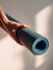 Woman’s Hand Holding Rolled Yoga Mat