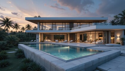 Modern luxury villa with infinity pool and tropical sunset ambiance