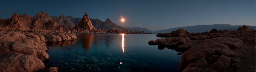 Panoramic 360 degrees hdr landscape of moonlit rock formations by water serene environment