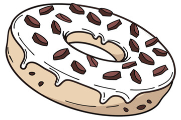 A cartoon illustration of a donut with white icing and dark brown, possibly chocolate, sprinkles or chips. The donut itself is a light beige or tan color.