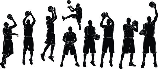Silhouette of basketball players in various poses with basketballs isolated