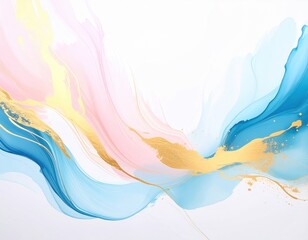 Abstract watercolor illustration featuring flowing pastel colors of pink, blue, and gold, creating a harmonious blend of textures and movement, ideal for artistic backgrounds and design projects