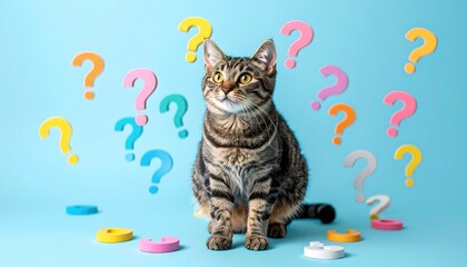 Curious tabby cat surrounded by question marks