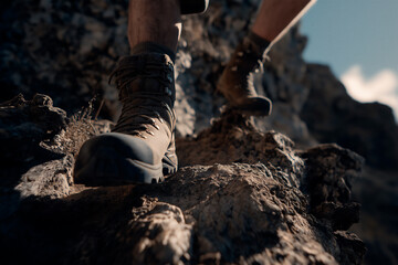 Male Climber’s Boots On Jagged Rock