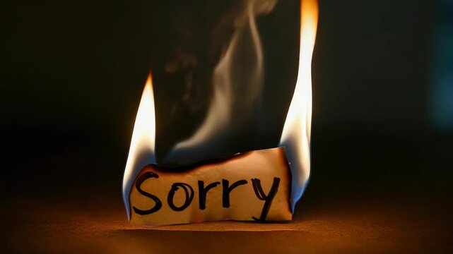 Paper with "Sorry" written on it burning in flames, symbolizing apology or regret
