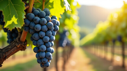 Naklejka premium Ripe black grapes hanging on vine at vineyard in summer sunlight