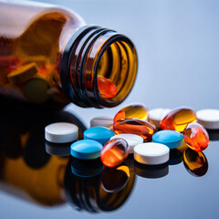 Various colorful pills and capsules spill from a bottle