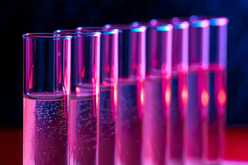 Row of test tubes filled with pink liquid in a lab
