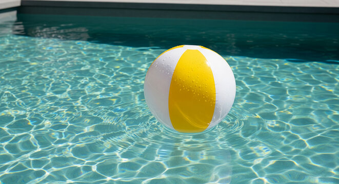 Yellow and white beach ball floating in turquoise pool water, creating concentric ripples.  Summer, fun, relaxation concept - Powered by Adobe