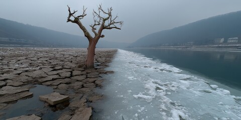 Panoramic view of a frozen river and dry landscape hdr 360 degrees nature scene