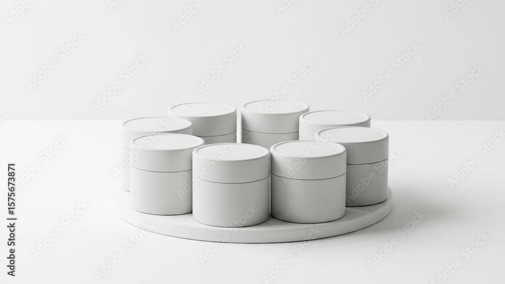 Poster minimalist product display: white cylindrical containers arranged on a round platform in a studio se