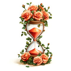 An hourglass, adorned with orange roses and green leaves, depicts the passage of time; sand flows between its glass bulbs.