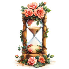 An ornate hourglass, crafted from wood and glass, is adorned with pink roses and lush green foliage.  Sand slowly flows within the glass bulbs.