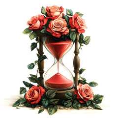 An hourglass, adorned with red roses and green vines, displays red sand slowly flowing.  The image is rich in detail and color.