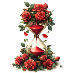 An hourglass, adorned with red roses, contains red sand; the roses cascade down the sides.