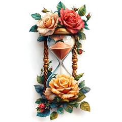An hourglass, adorned with three roses in varying shades of peach, orange, and red, is depicted against a white background.  