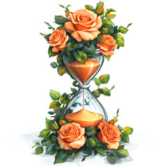 An hourglass, surrounded by a vibrant arrangement of peach roses and lush green leaves, depicts the passage of time.